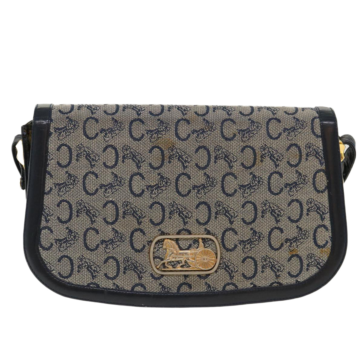 CELINE C Macadam Canvas Horse Carriage Shoulder Bag Navy Auth 39948