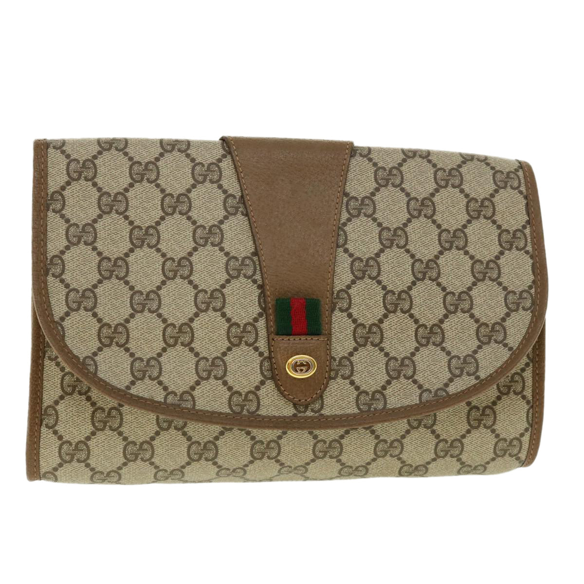 GUCCI Web Sherry Line GG Canvas Clutch Bag PVC Leather Beige Green Auth 39950