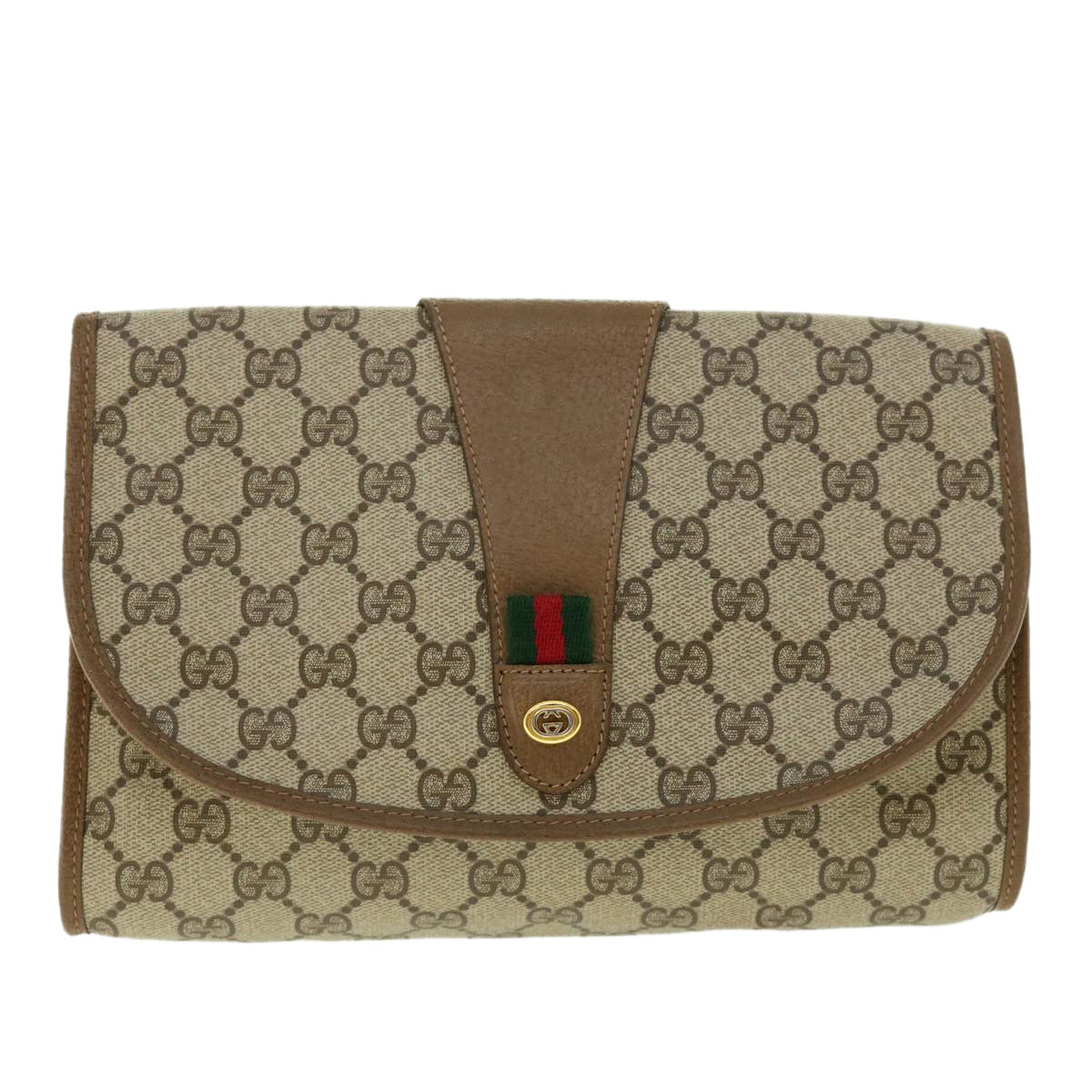 GUCCI Web Sherry Line GG Canvas Clutch Bag PVC Leather Beige Green Auth 39950