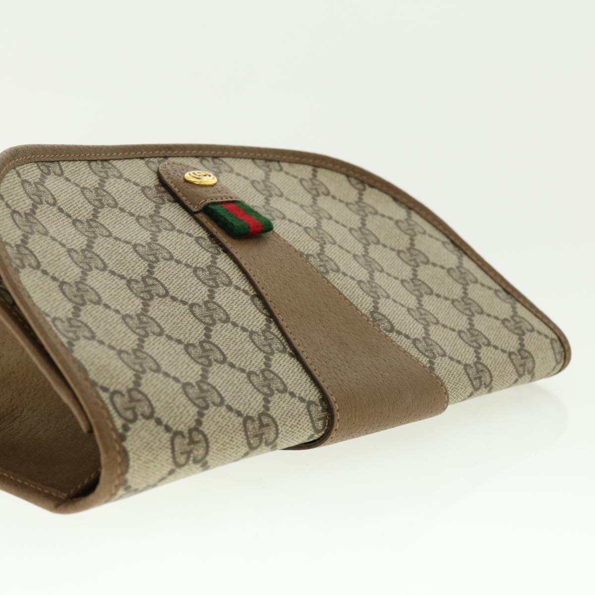 GUCCI Web Sherry Line GG Canvas Clutch Bag PVC Leather Beige Green Auth 39950