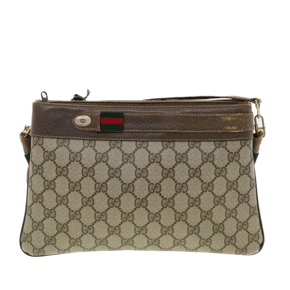 GUCCI Web Sherry Line GG Canvas Shoulder Bag PVC Leather Beige Green Auth 39953