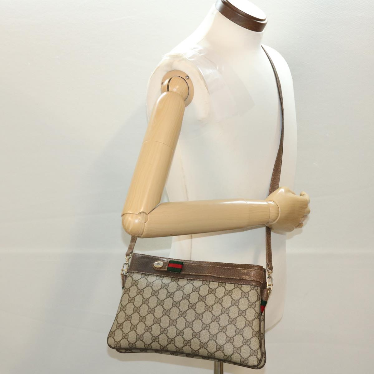 GUCCI Web Sherry Line GG Canvas Shoulder Bag PVC Leather Beige Green Auth 39953