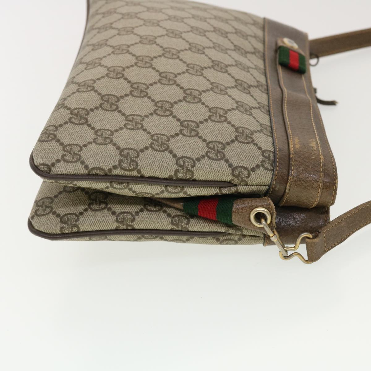 GUCCI Web Sherry Line GG Canvas Shoulder Bag PVC Leather Beige Green Auth 39953