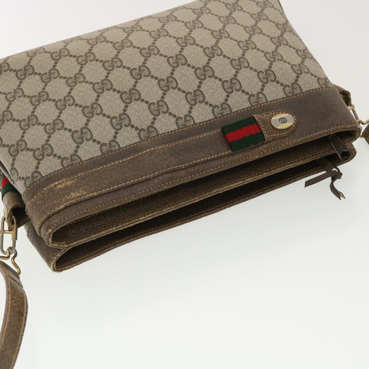 GUCCI Web Sherry Line GG Canvas Shoulder Bag PVC Leather Beige Green Auth 39953