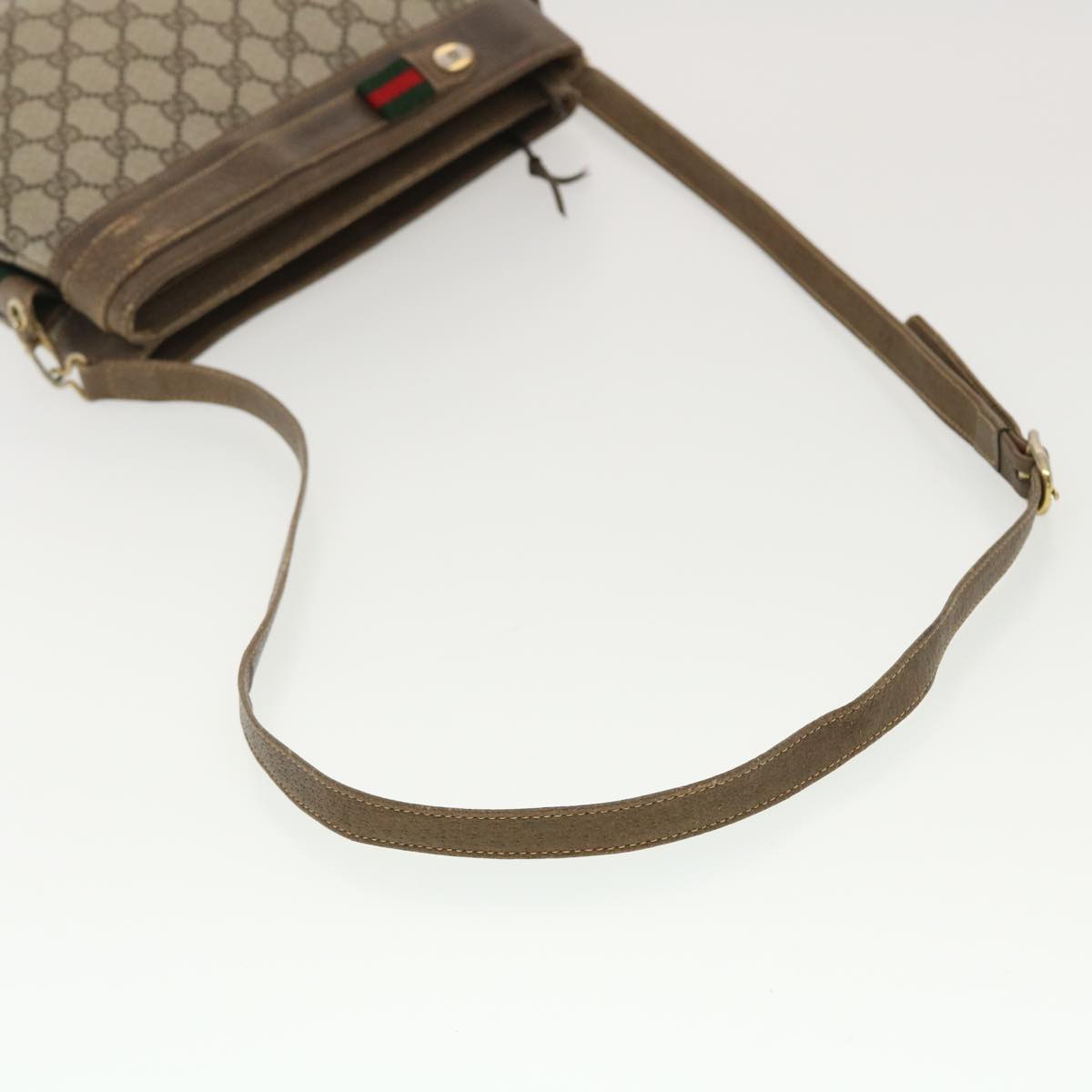 GUCCI Web Sherry Line GG Canvas Shoulder Bag PVC Leather Beige Green Auth 39953