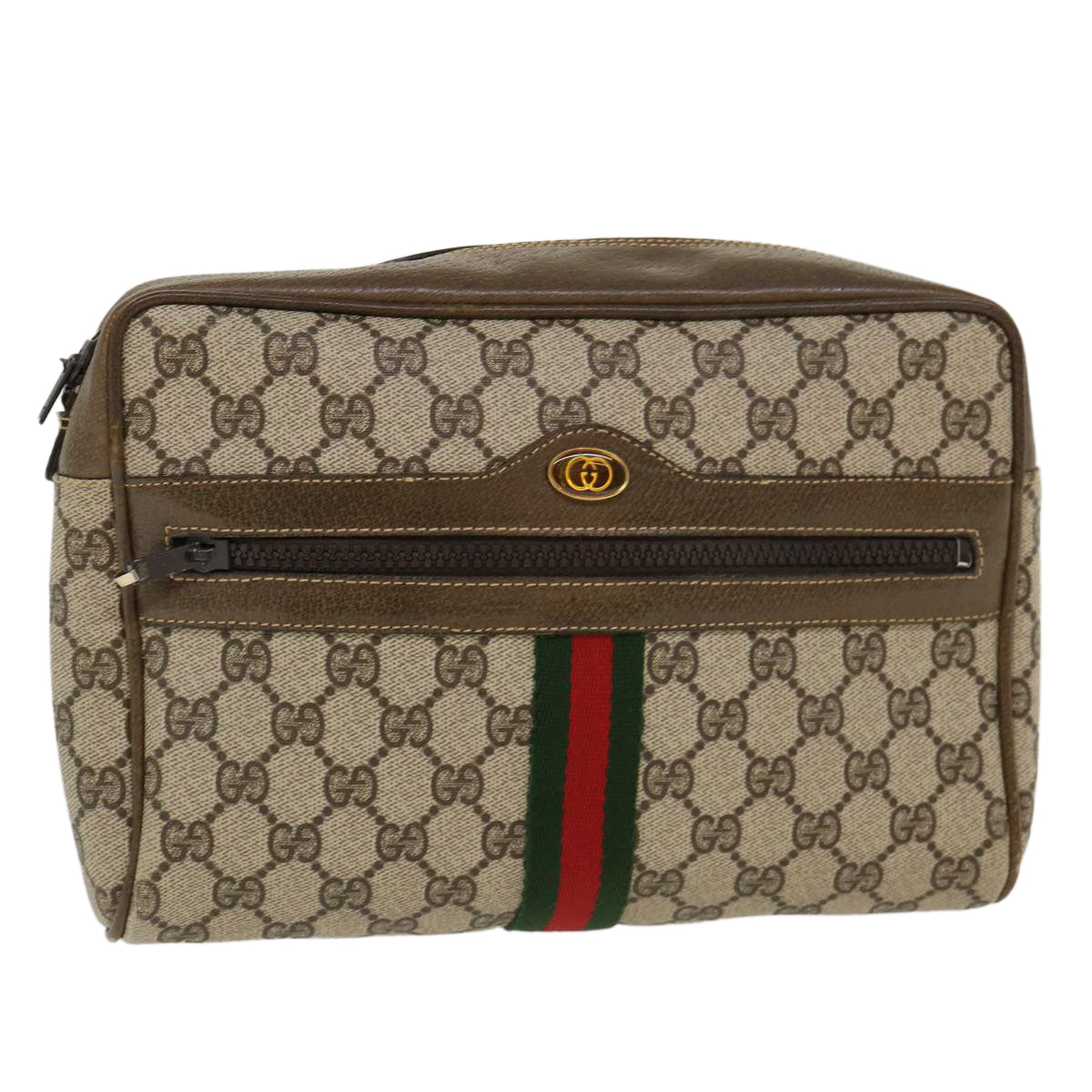 GUCCI Web Sherry Line GG Canvas Shoulder Bag PVC Leather Beige Green Auth 39955