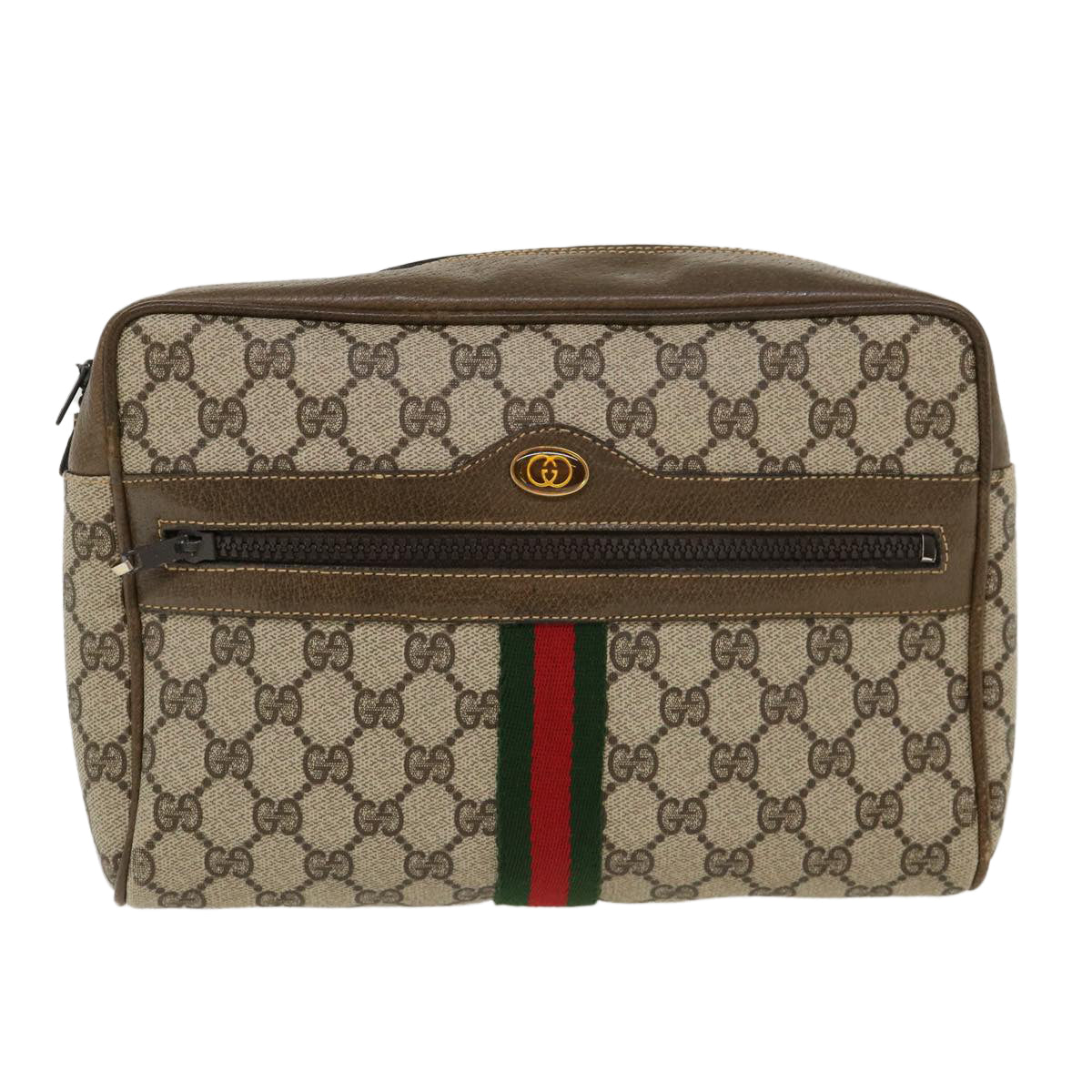 GUCCI Web Sherry Line GG Canvas Shoulder Bag PVC Leather Beige Green Auth 39955