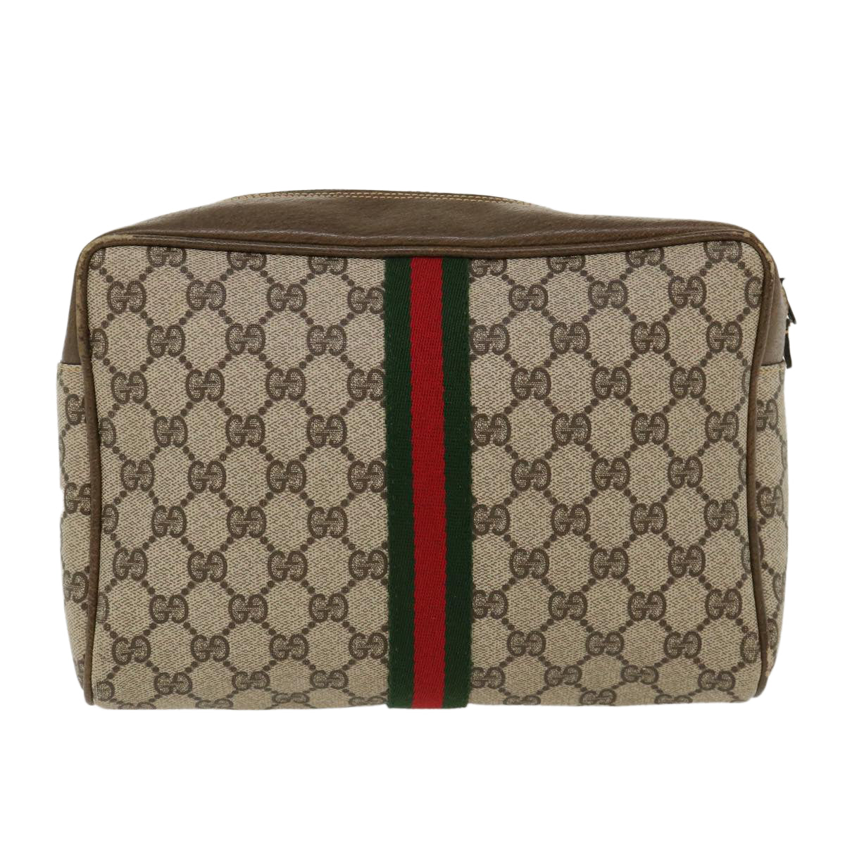 GUCCI Web Sherry Line GG Canvas Shoulder Bag PVC Leather Beige Green Auth 39955