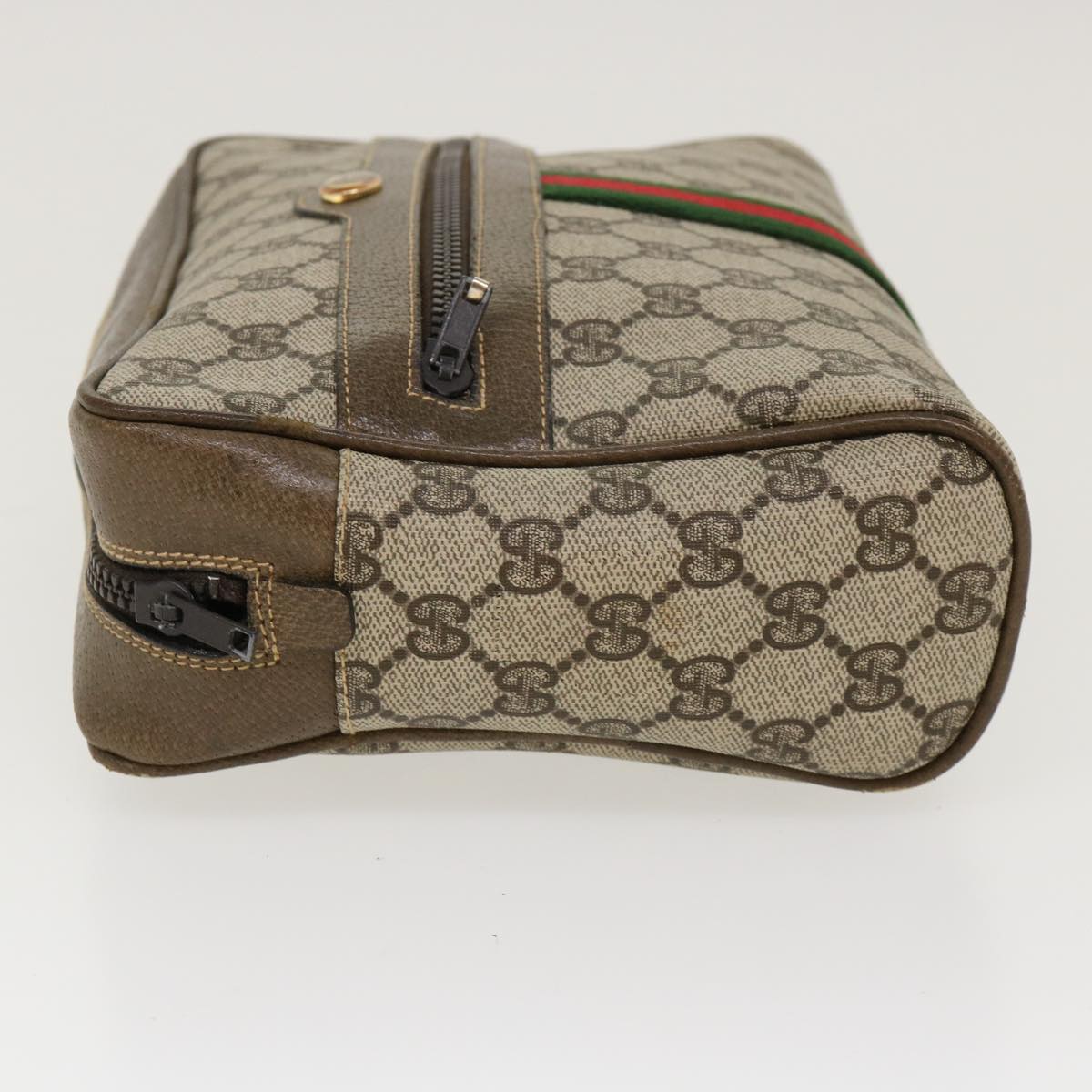 GUCCI Web Sherry Line GG Canvas Shoulder Bag PVC Leather Beige Green Auth 39955