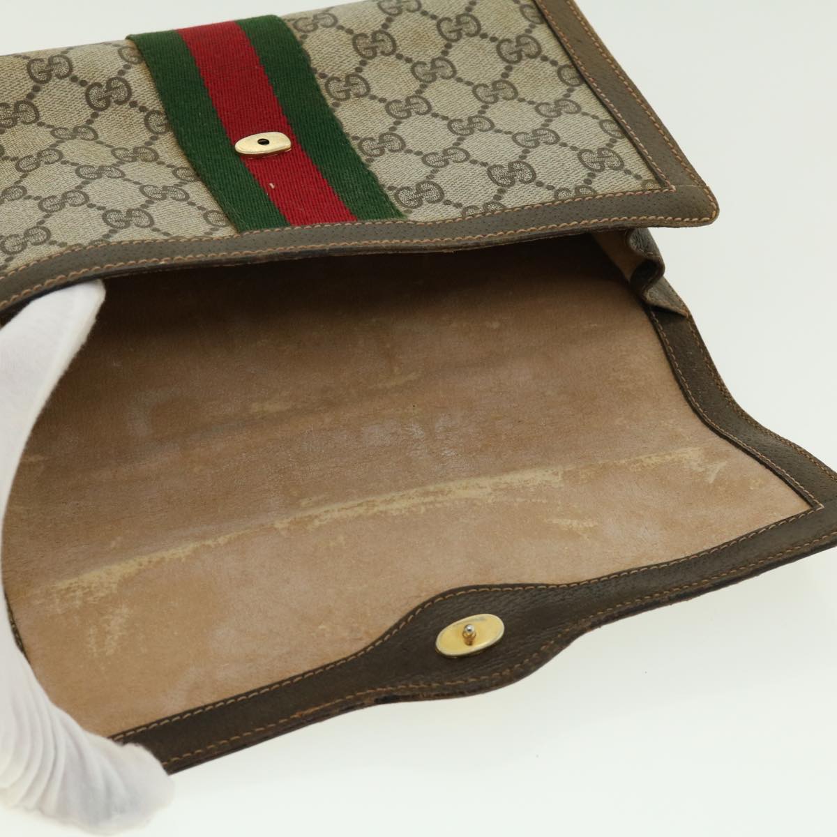 GUCCI Web Sherry Line GG Canvas Clutch Bag PVC Leather Beige Green Auth 39956