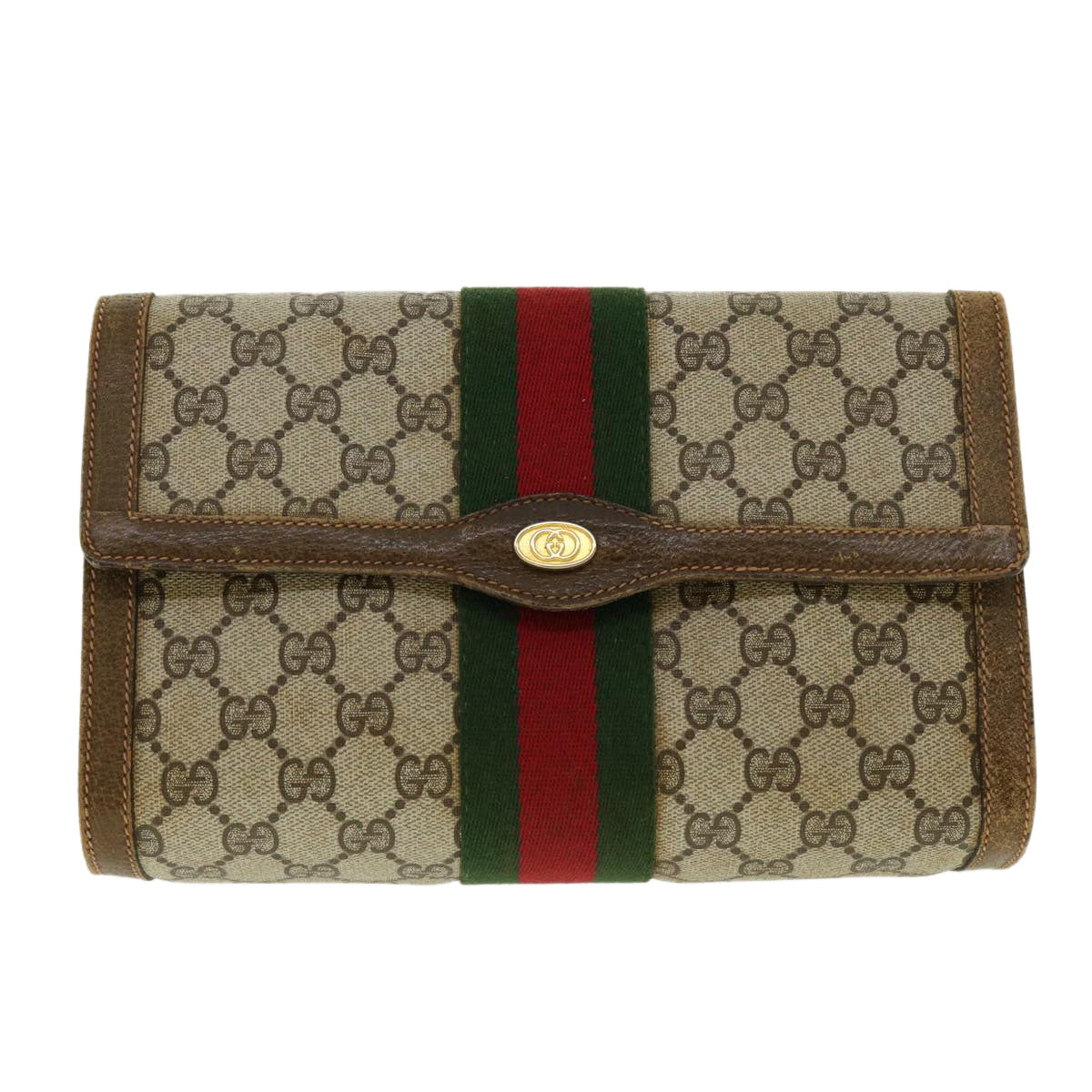 GUCCI Web Sherry Line GG Canvas Clutch Bag PVC Leather Beige Green Auth 39956