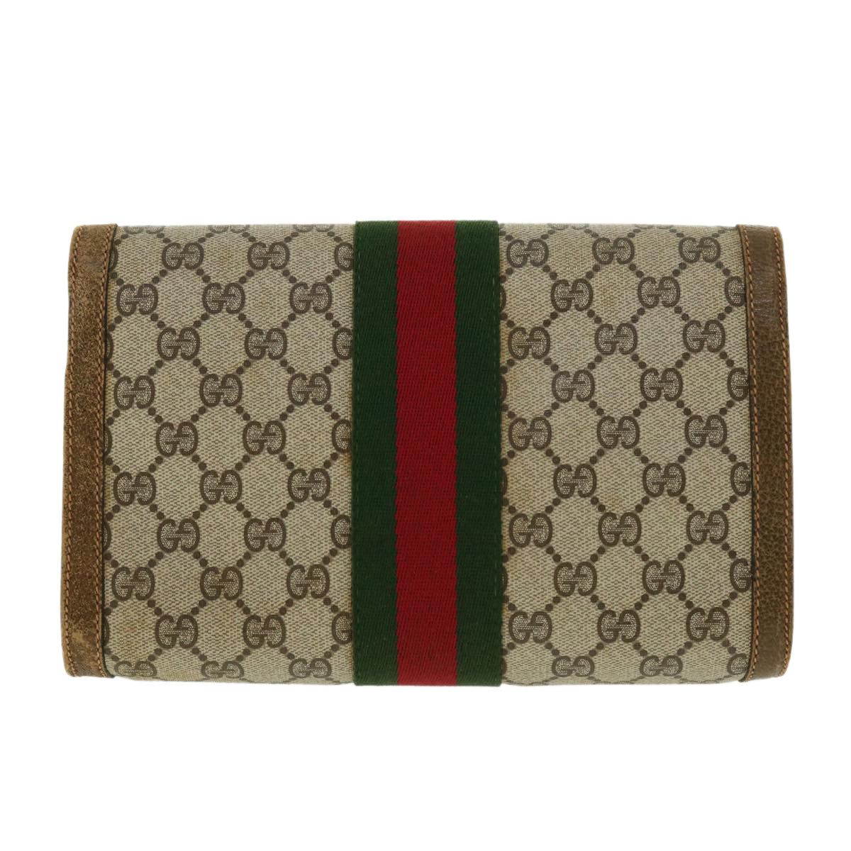 GUCCI Web Sherry Line GG Canvas Clutch Bag PVC Leather Beige Green Auth 39956 - 0