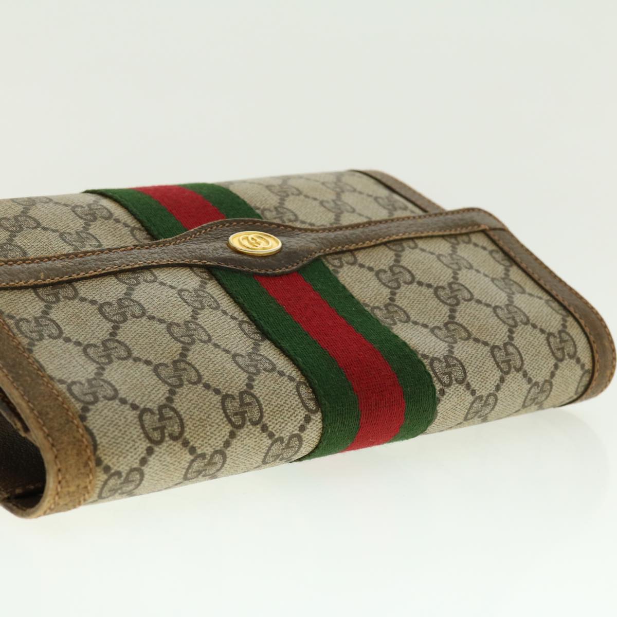 GUCCI Web Sherry Line GG Canvas Clutch Bag PVC Leather Beige Green Auth 39956