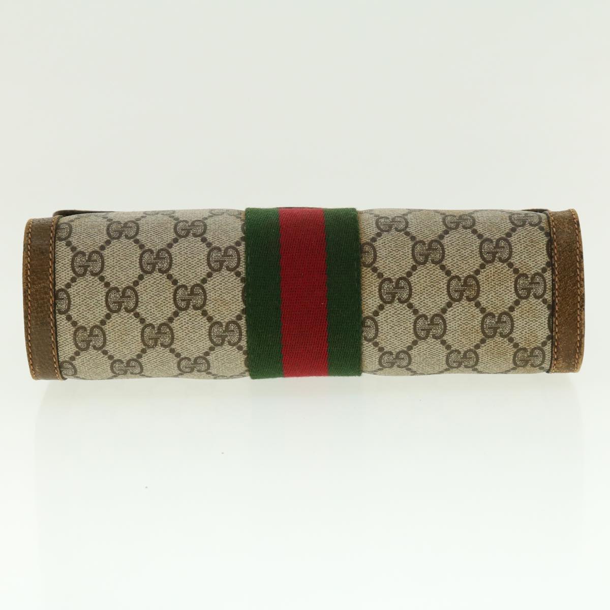 GUCCI Web Sherry Line GG Canvas Clutch Bag PVC Leather Beige Green Auth 39956