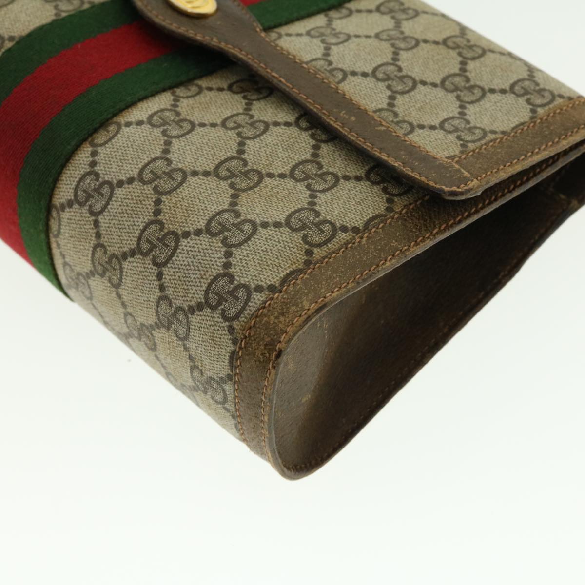 GUCCI Web Sherry Line GG Canvas Clutch Bag PVC Leather Beige Green Auth 39956