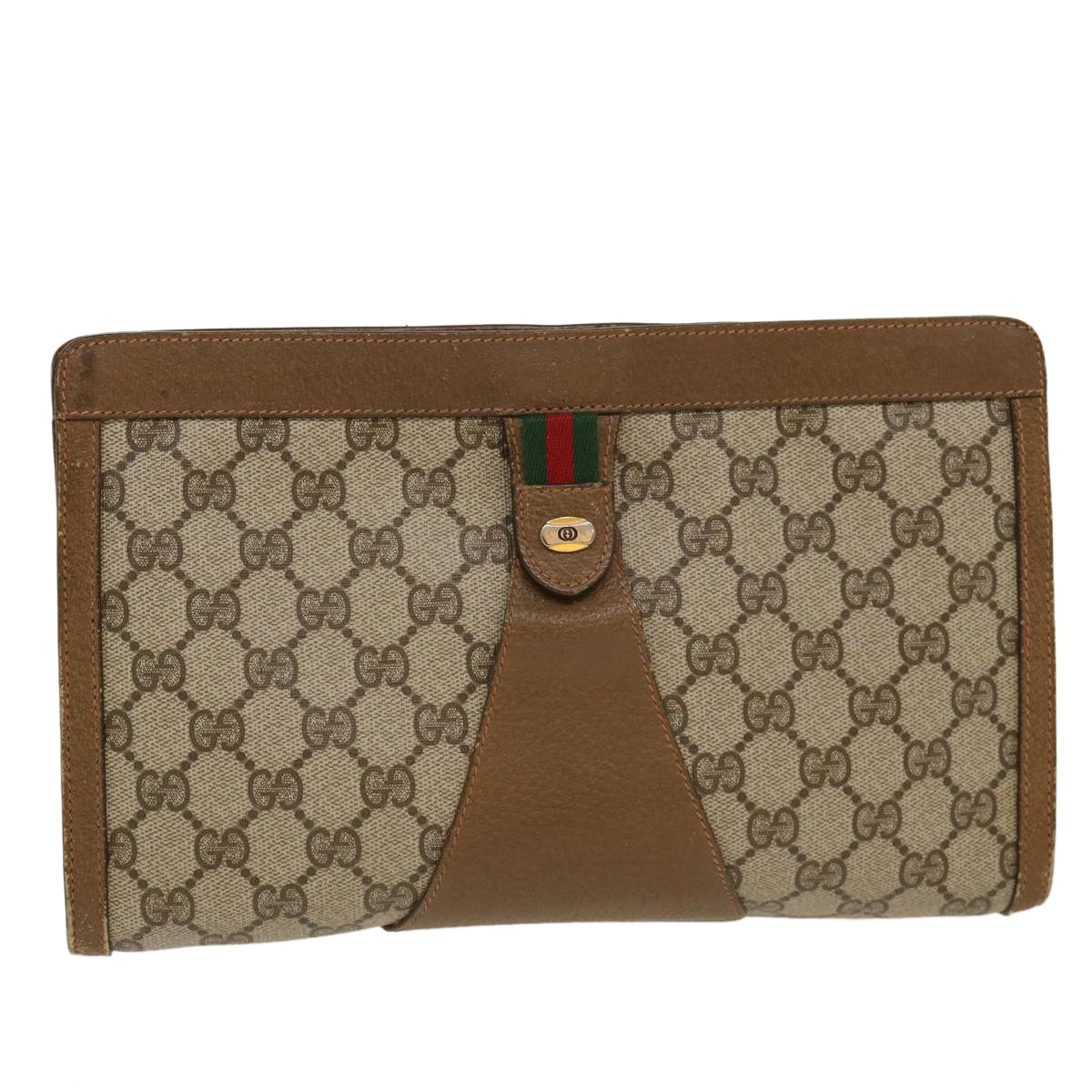 GUCCI Web Sherry Line GG Canvas Clutch Bag PVC Leather Beige Green Auth 39957