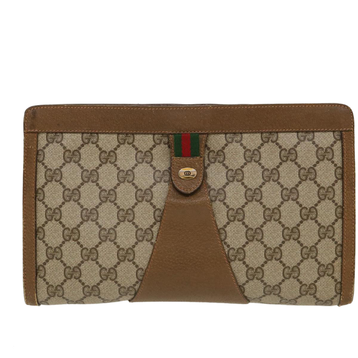 GUCCI Web Sherry Line GG Canvas Clutch Bag PVC Leather Beige Green Auth 39957