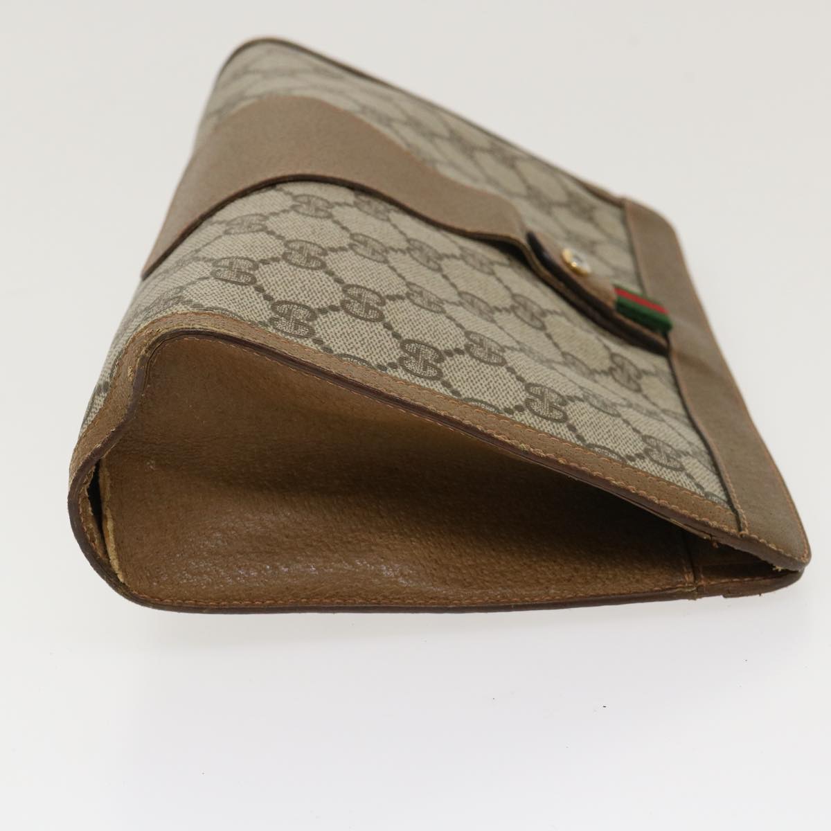 GUCCI Web Sherry Line GG Canvas Clutch Bag PVC Leather Beige Green Auth 39957