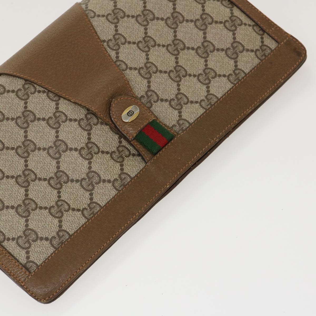 GUCCI Web Sherry Line GG Canvas Clutch Bag PVC Leather Beige Green Auth 39957