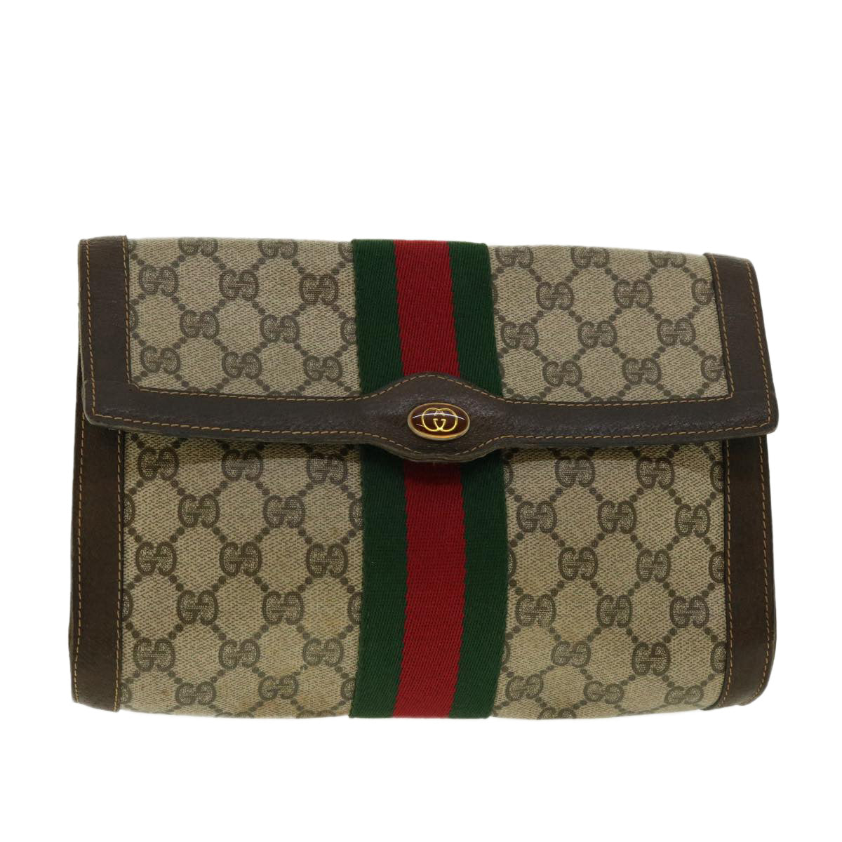 GUCCI Web Sherry Line GG Canvas Clutch Bag PVC Leather Beige Green Auth 39958