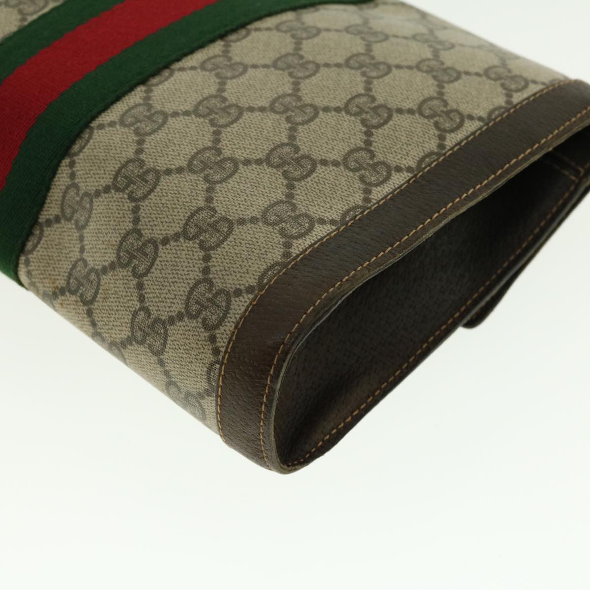 GUCCI Web Sherry Line GG Canvas Clutch Bag PVC Leather Beige Green Auth 39958