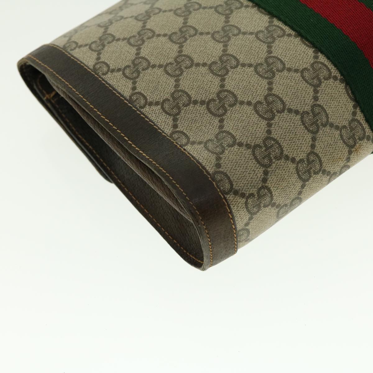 GUCCI Web Sherry Line GG Canvas Clutch Bag PVC Leather Beige Green Auth 39958