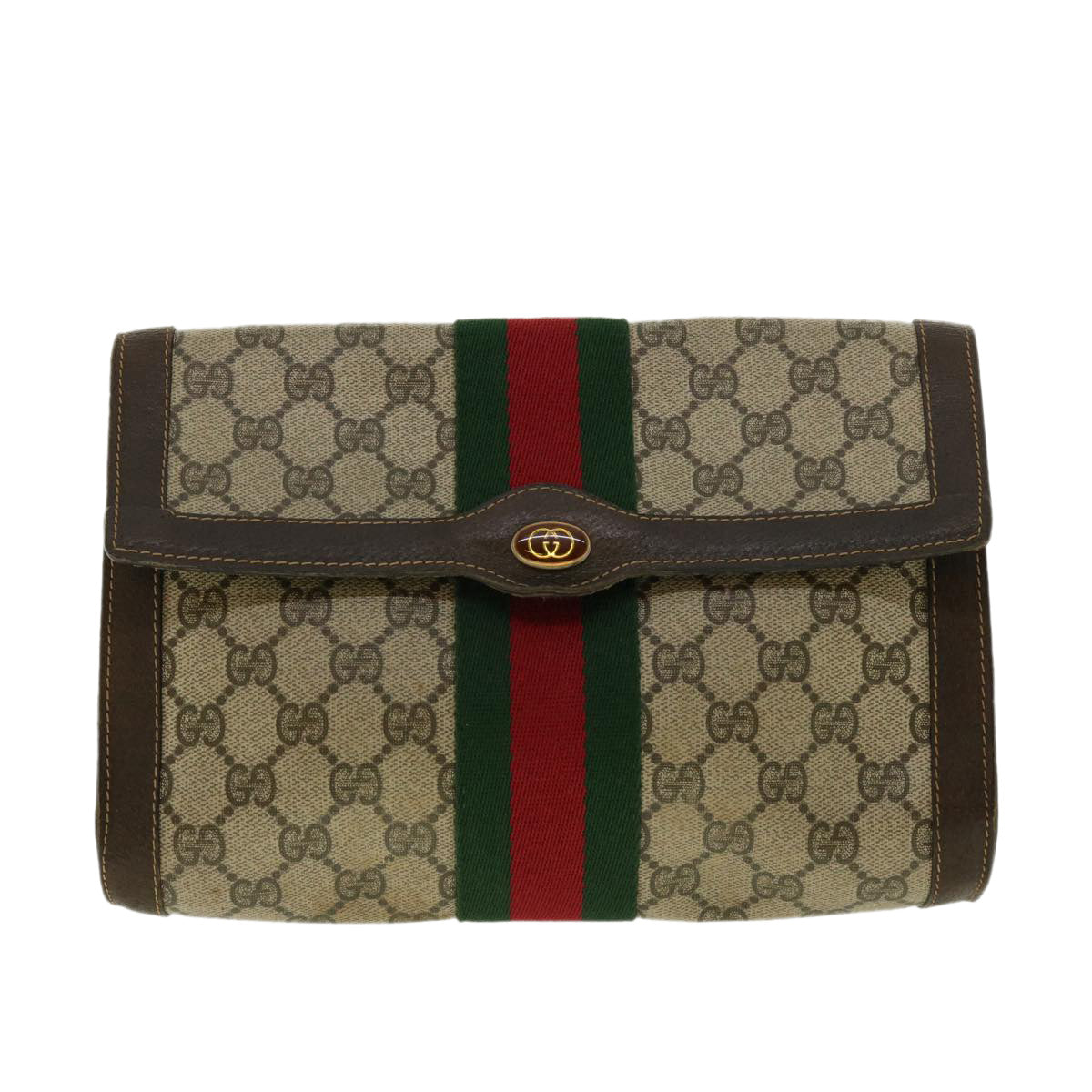 GUCCI Web Sherry Line GG Canvas Clutch Bag PVC Leather Beige Green Auth 39958