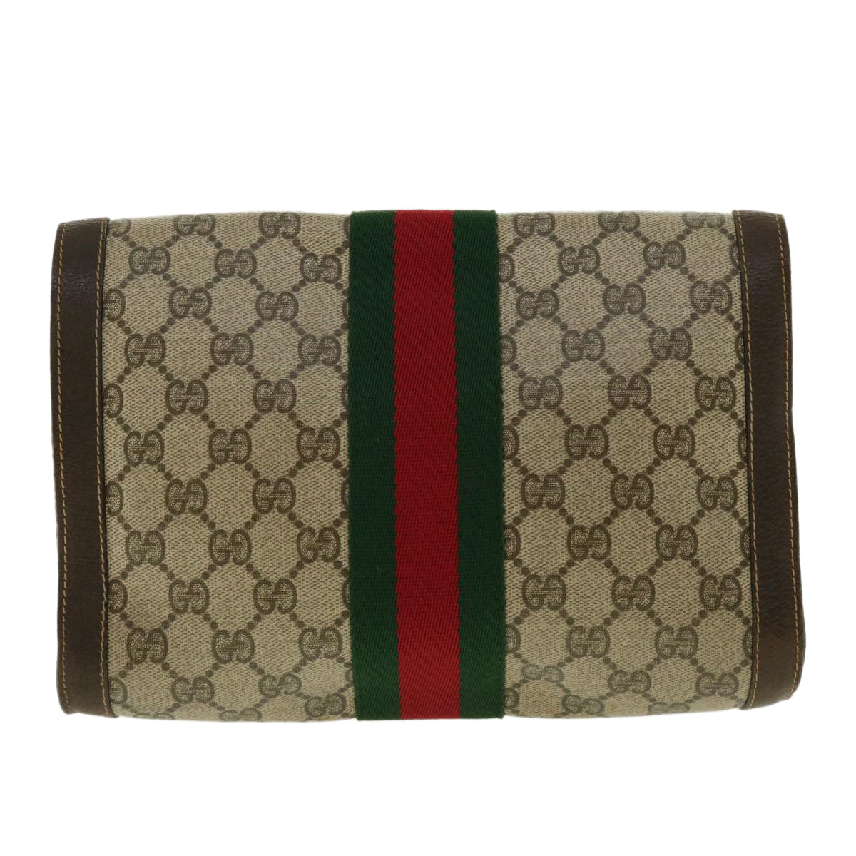 GUCCI Web Sherry Line GG Canvas Clutch Bag PVC Leather Beige Green Auth 39958 - 0