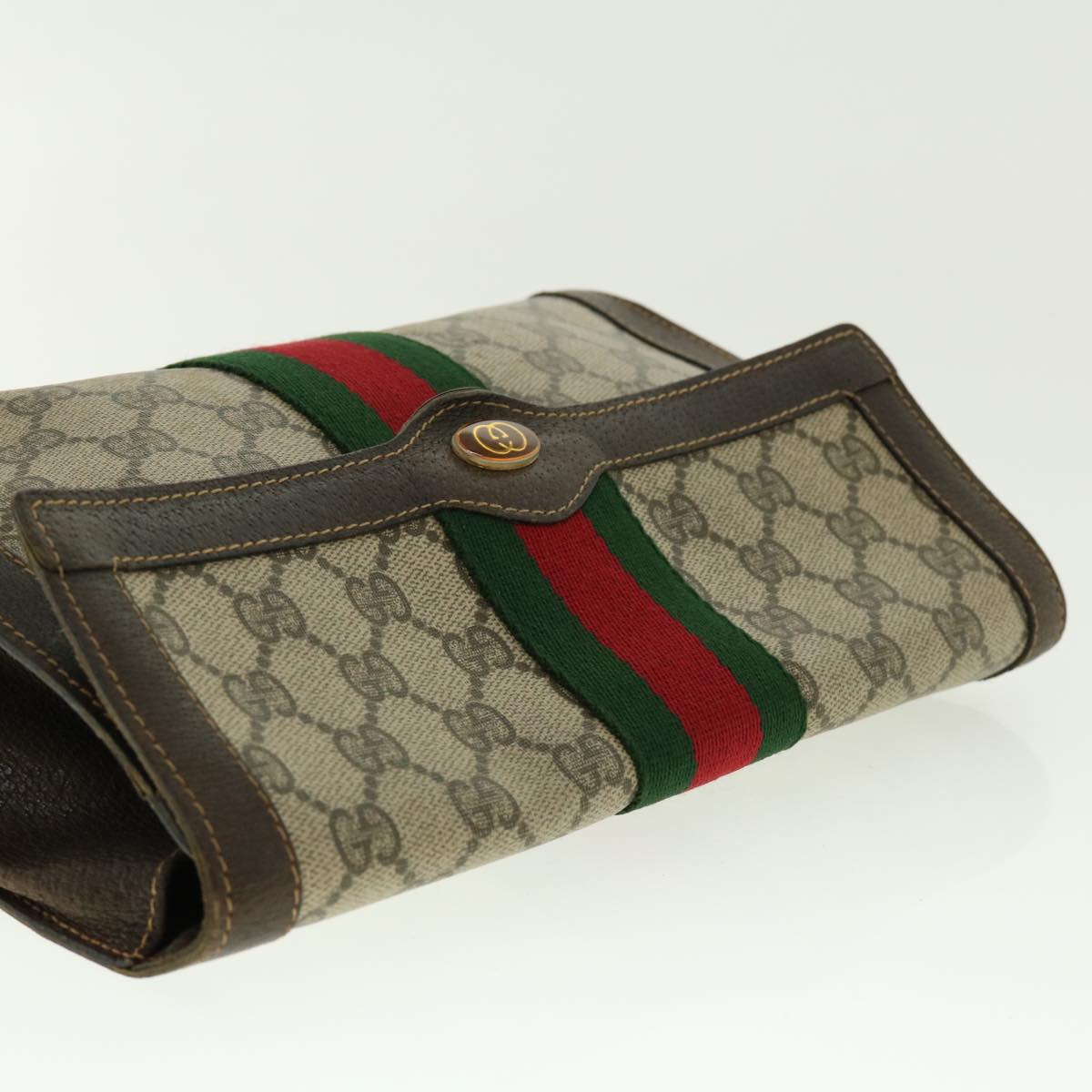 GUCCI Web Sherry Line GG Canvas Clutch Bag PVC Leather Beige Green Auth 39958