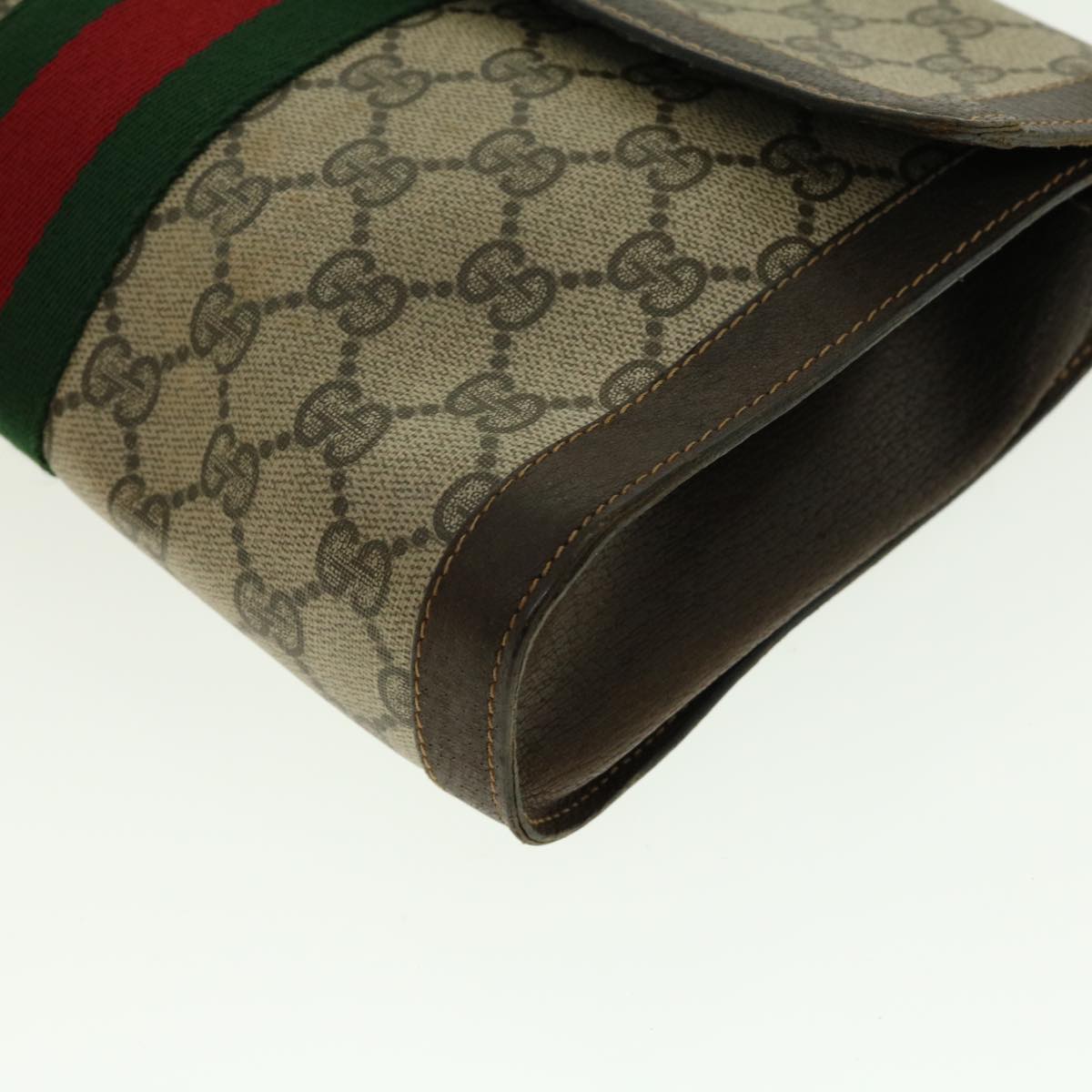 GUCCI Web Sherry Line GG Canvas Clutch Bag PVC Leather Beige Green Auth 39958