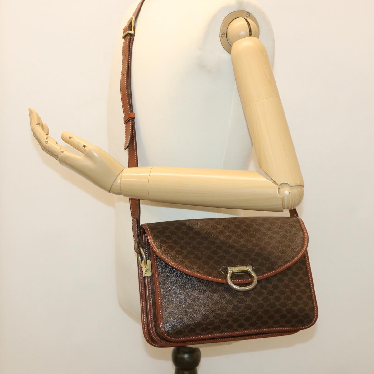 CELINE Macadam Canvas Shoulder Bag PVC Leather Brown Auth 39968
