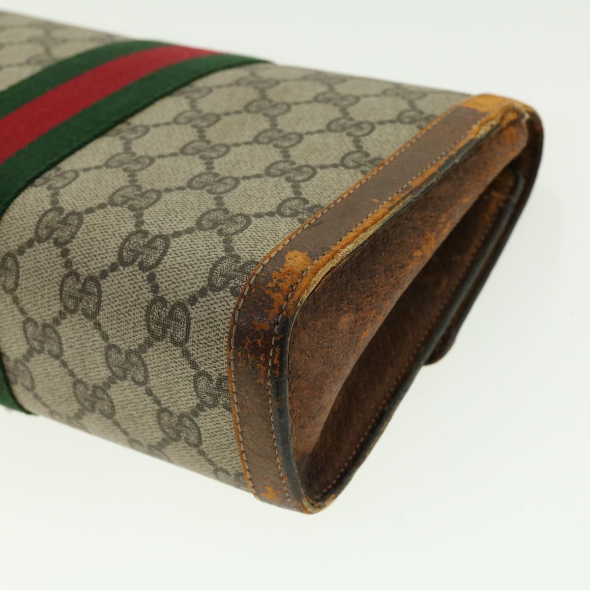 GUCCI Web Sherry Line GG Canvas Clutch Bag PVC Leather Beige Green Auth 40002