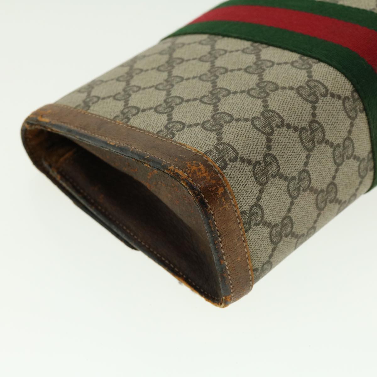 GUCCI Web Sherry Line GG Canvas Clutch Bag PVC Leather Beige Green Auth 40002