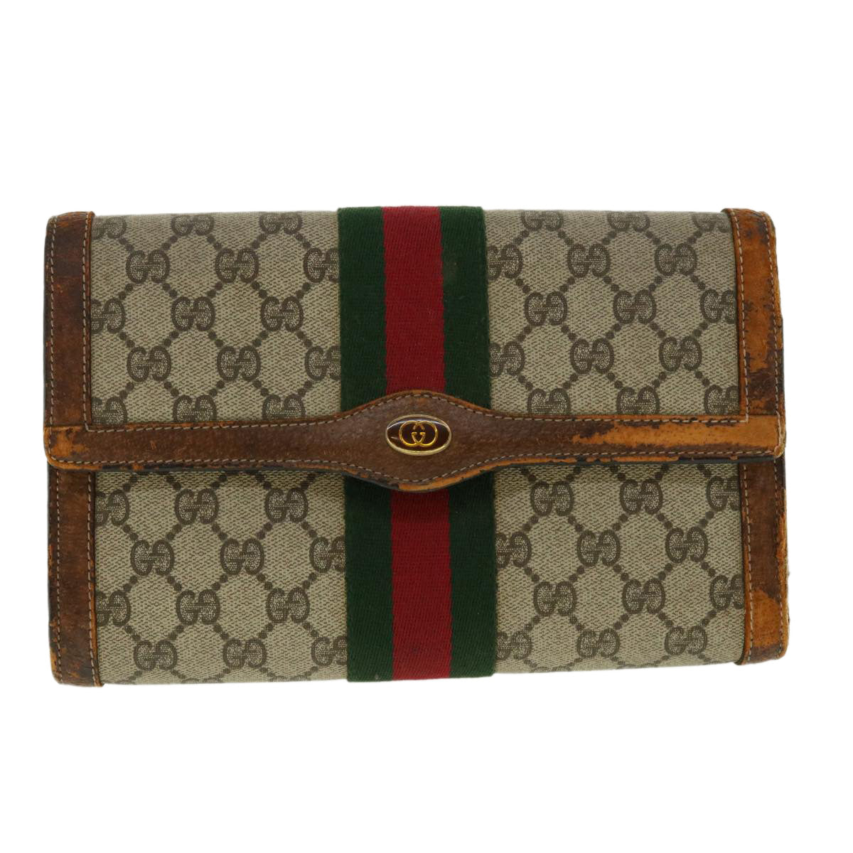 GUCCI Web Sherry Line GG Canvas Clutch Bag PVC Leather Beige Green Auth 40002