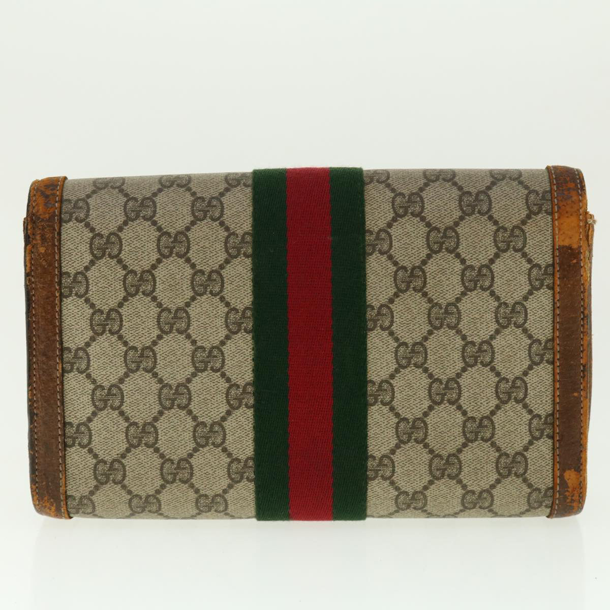 GUCCI Web Sherry Line GG Canvas Clutch Bag PVC Leather Beige Green Auth 40002 - 0