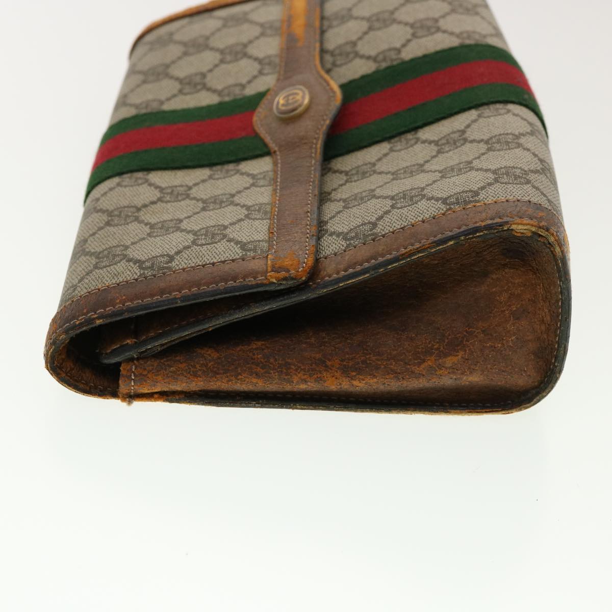 GUCCI Web Sherry Line GG Canvas Clutch Bag PVC Leather Beige Green Auth 40002