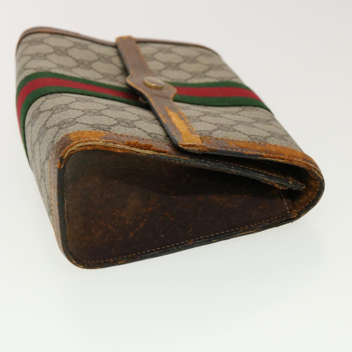 GUCCI Web Sherry Line GG Canvas Clutch Bag PVC Leather Beige Green Auth 40002