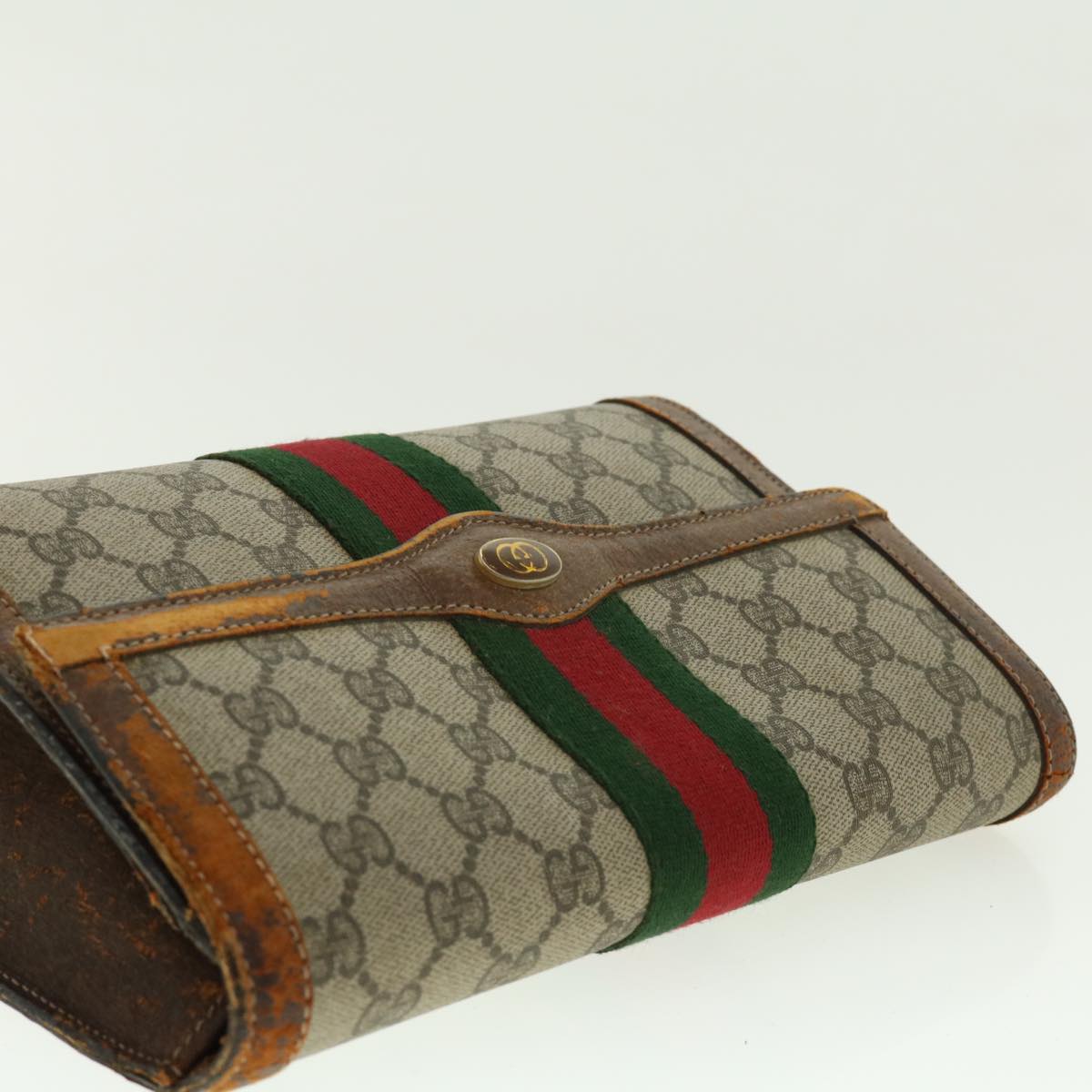 GUCCI Web Sherry Line GG Canvas Clutch Bag PVC Leather Beige Green Auth 40002