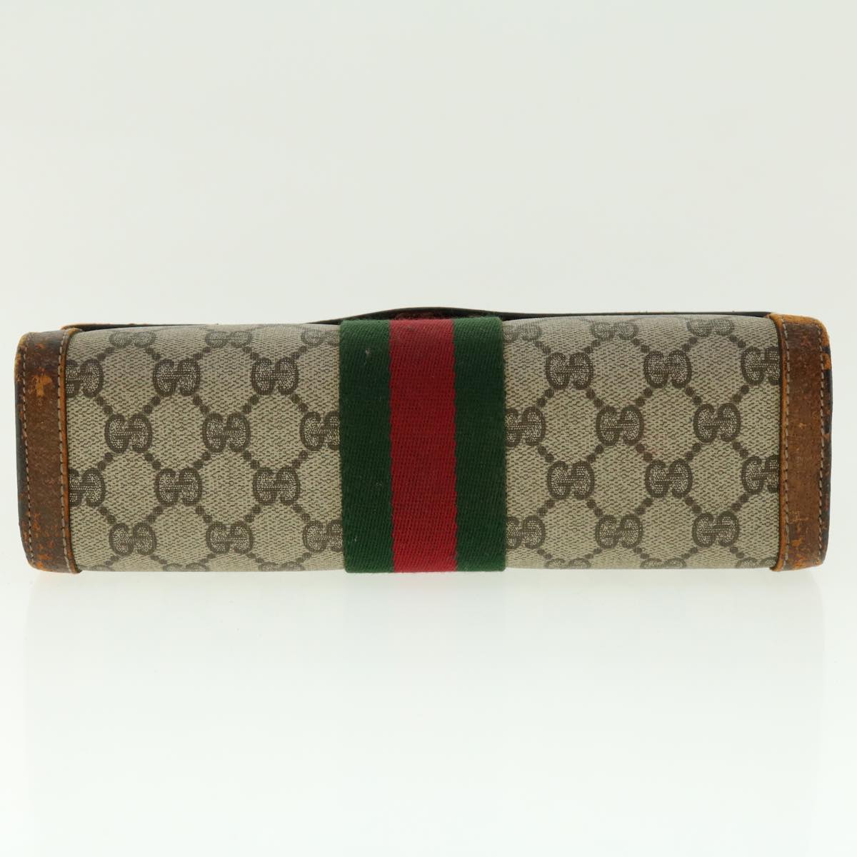 GUCCI Web Sherry Line GG Canvas Clutch Bag PVC Leather Beige Green Auth 40002