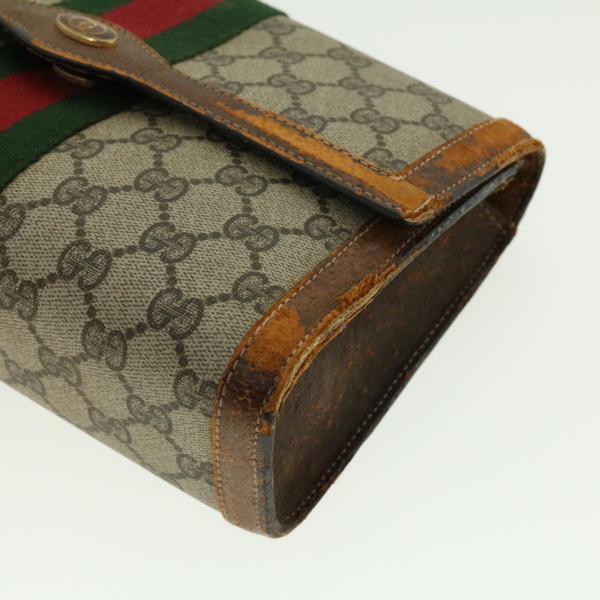 GUCCI Web Sherry Line GG Canvas Clutch Bag PVC Leather Beige Green Auth 40002