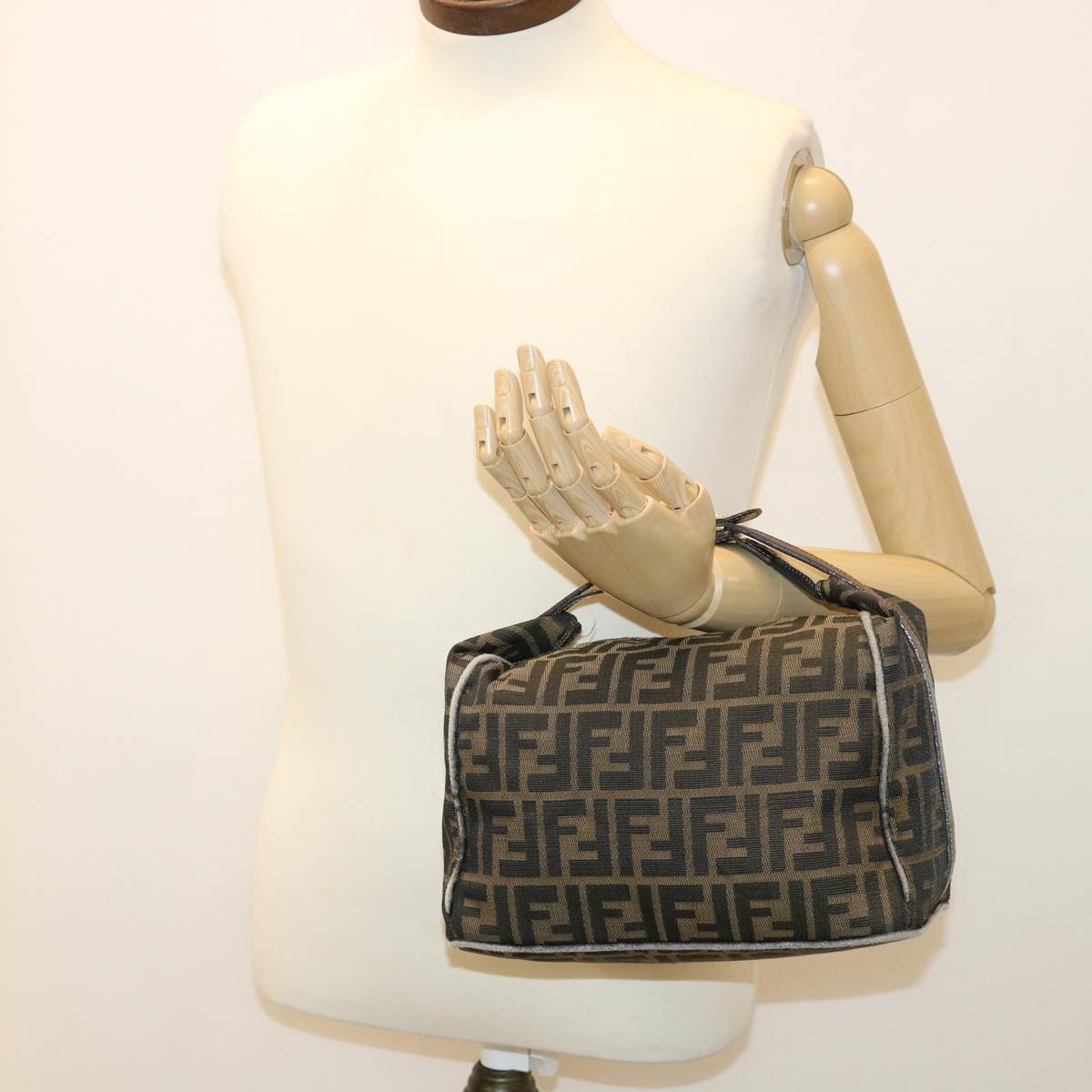 FENDI Zucca Canvas Hand Bag Nylon Brown Black Auth 40062