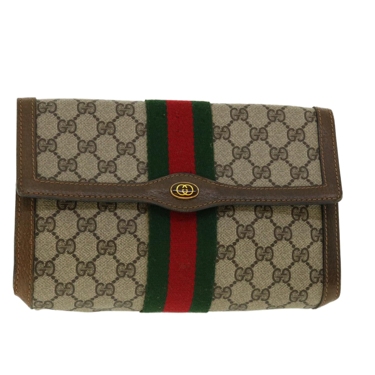 GUCCI GG Canvas Web Sherry Line Clutch Bag Beige Red 41014308725 Auth 40097