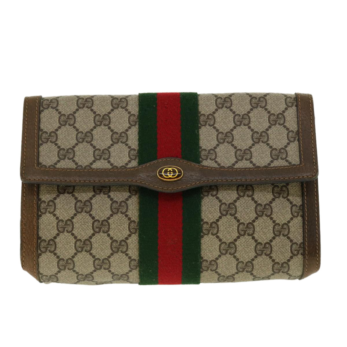 GUCCI GG Canvas Web Sherry Line Clutch Bag Beige Red 41014308725 Auth 40097