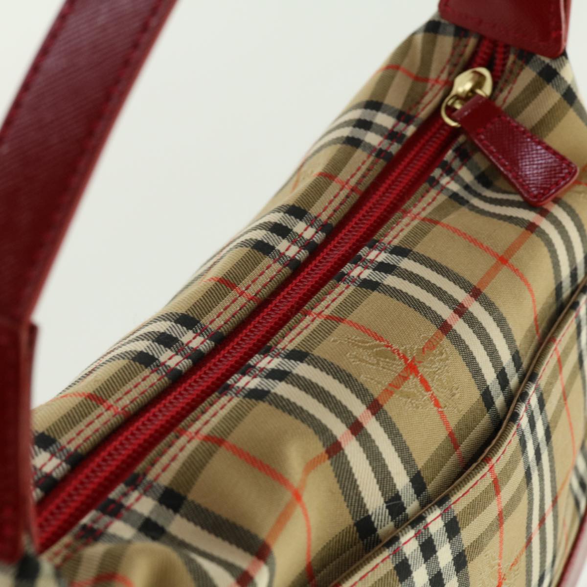 BURBERRY Nova Check Shoulder Bag Nylon Leather Beige Red Auth 40134