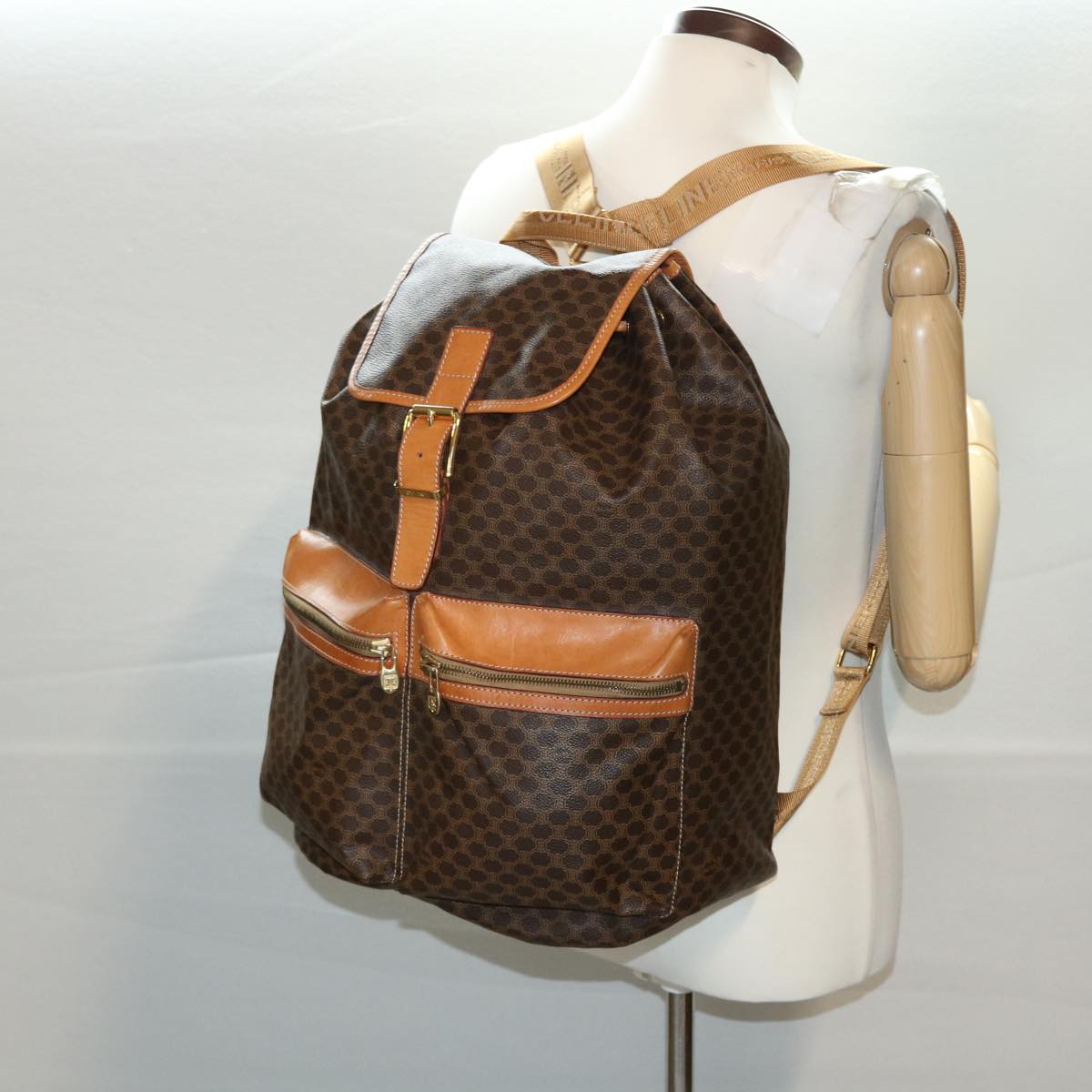 CELINE Macadam Canvas Backpack PVC Leather Brown Auth 40328