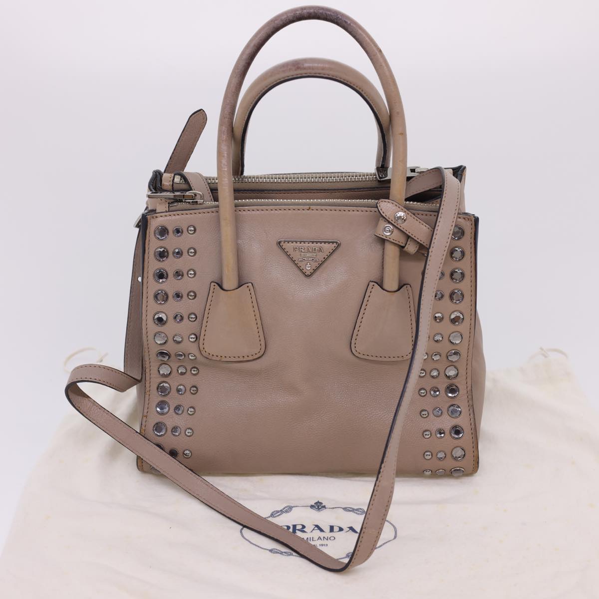 PRADA Hand Bag Leather 2way Beige Auth 40330