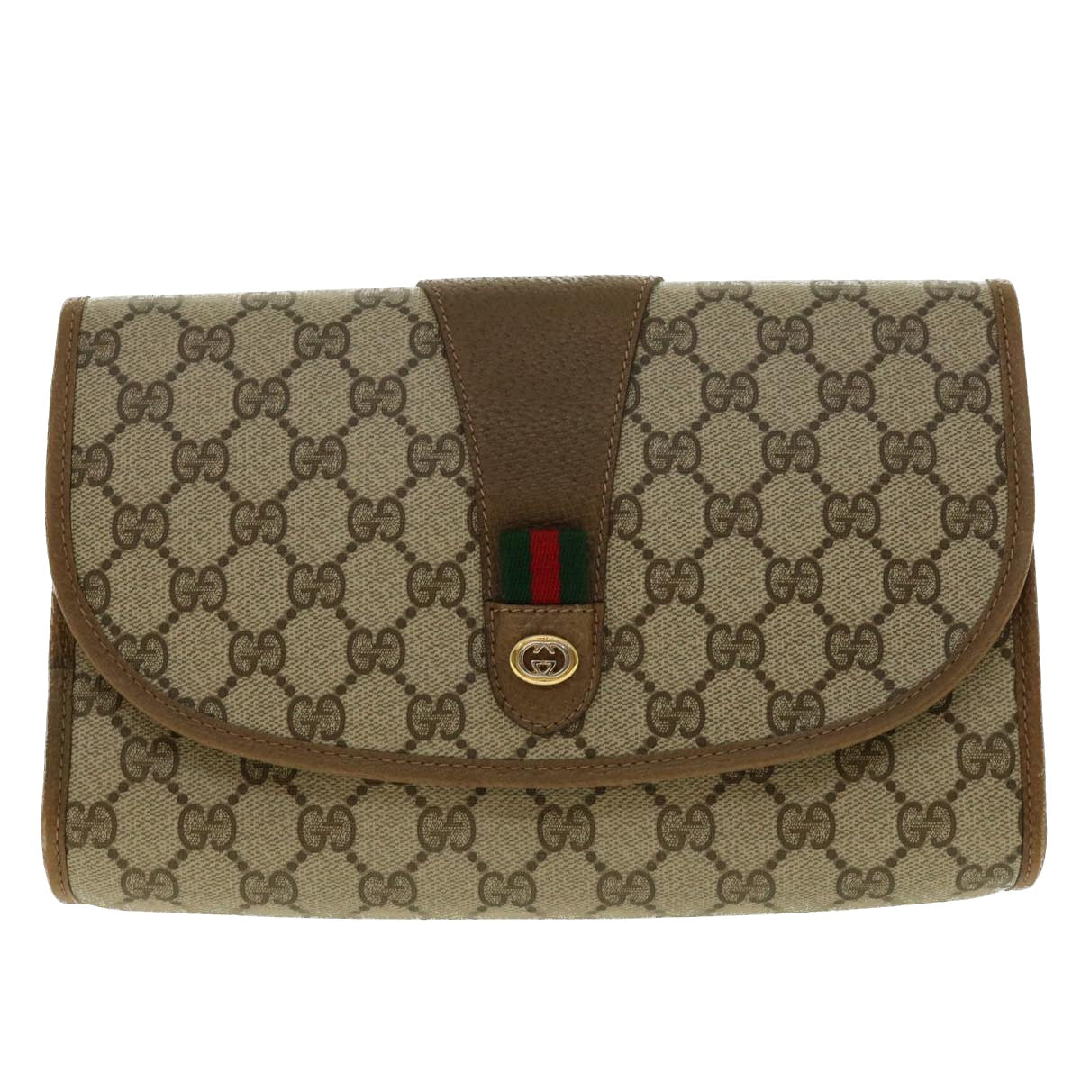 GUCCI GG Canvas Web Sherry Line Clutch Bag Beige Red Green 89.01.030 Auth 40342