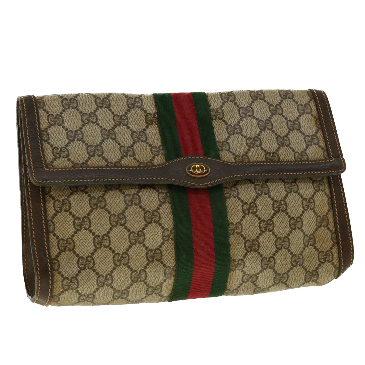 GUCCI GG Canvas Web Sherry Line Clutch Bag Beige Red 41.014.3087.30 Auth 40343