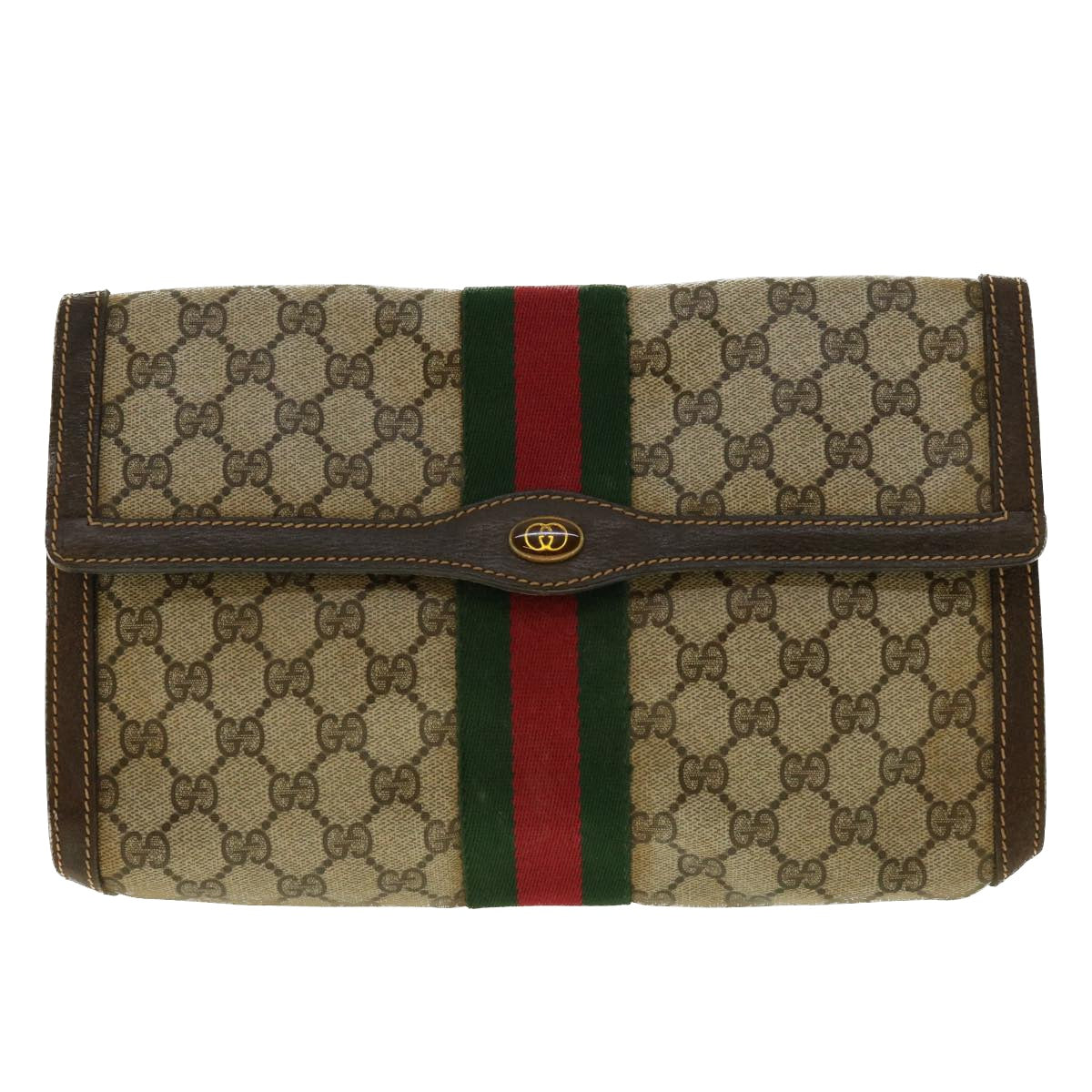 GUCCI GG Canvas Web Sherry Line Clutch Bag Beige Red 41.014.3087.30 Auth 40343