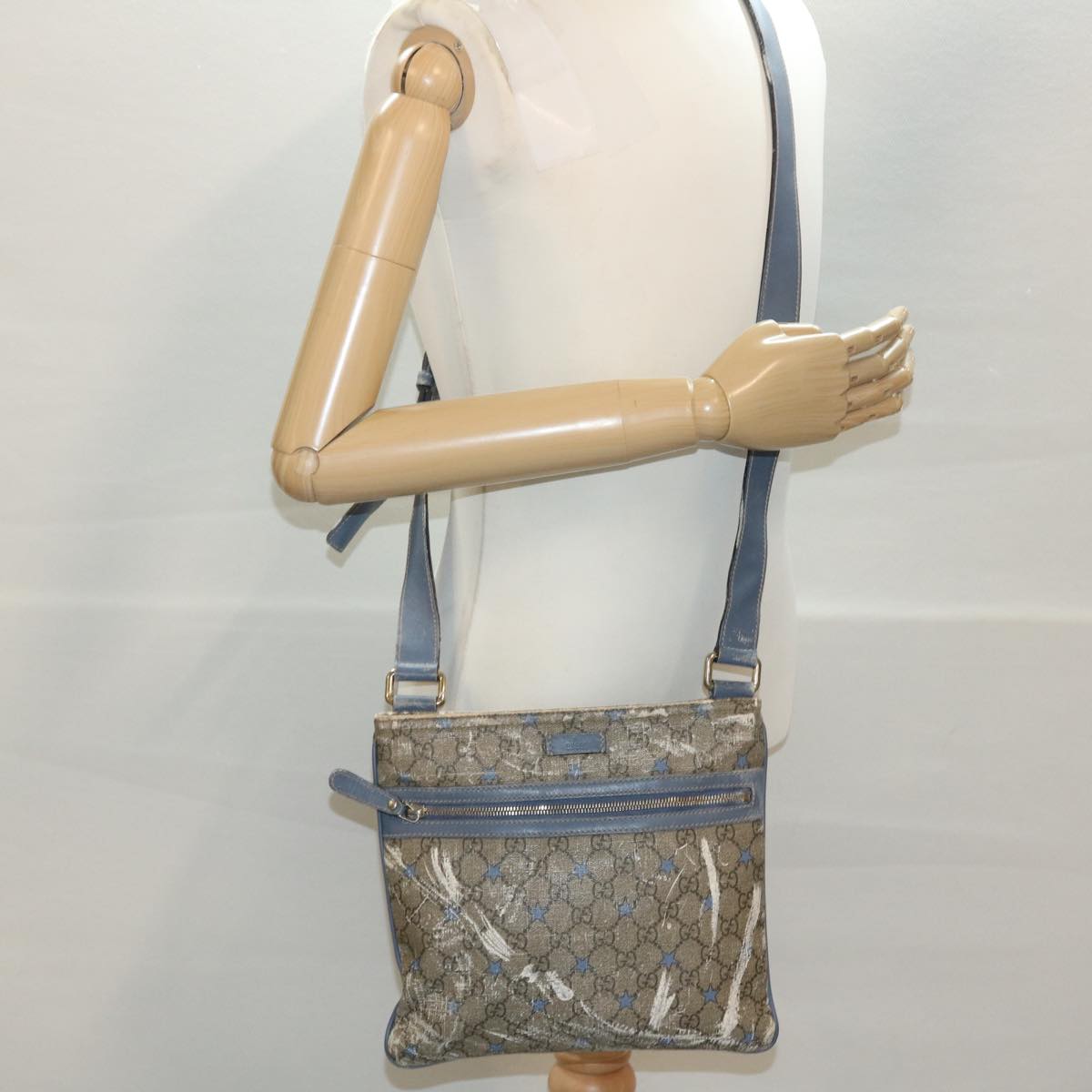 GUCCI GG Implementation Shoulder Bag PVC Leather Beige Blue 295257 Auth 40344